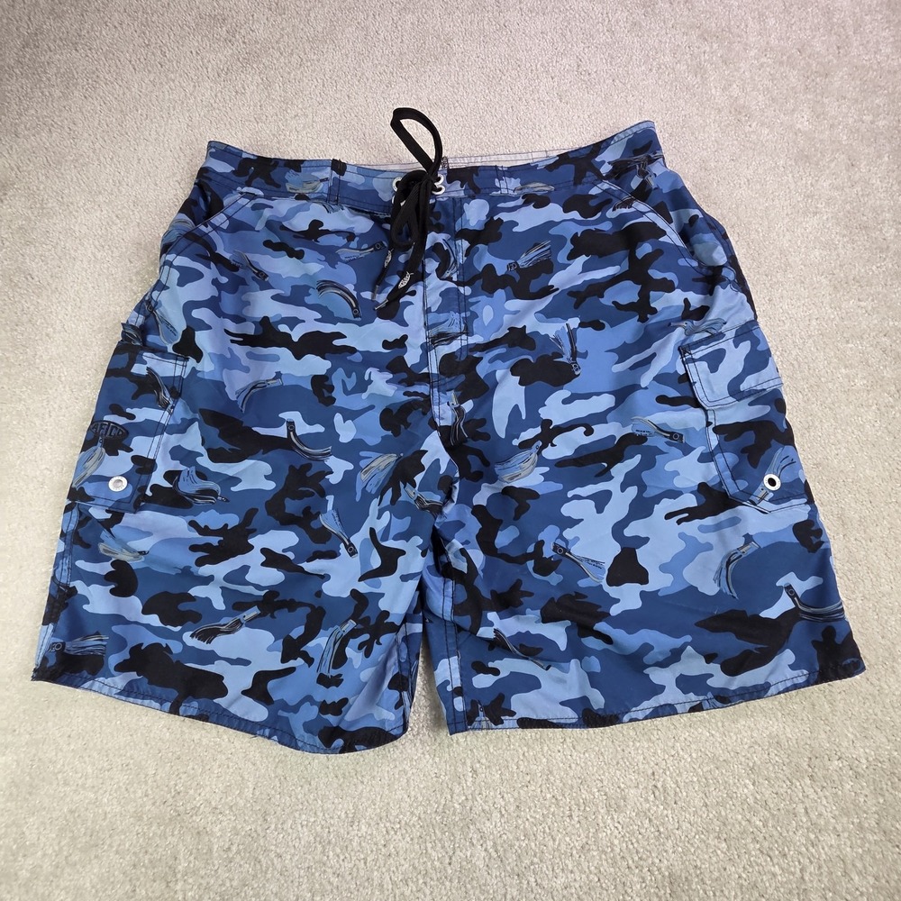 AFTCO Bluewater Board Shorts Mens 38 Blue Camo UPF 50 Stretch Fishing Quick Dry